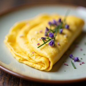 Warm Chive Blossom Omelette with Dashi inspired by O Ya
