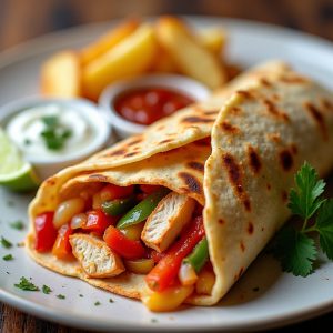 Spicy Chicken Fajita Wrap with Seasoned Potato Wedges inspired by Brigham's