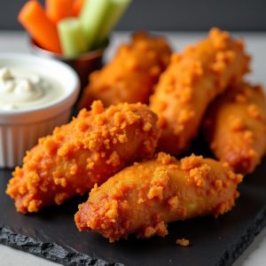 Crispy Buffalo Chicken Tenders with Blue Cheese Dressing inspired by Cobblestones of Lowell
