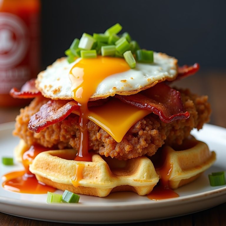 Hot Honey Fried Chicken and Belgian Waffle Stack inspired by Cobblestones of Lowell