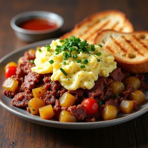 House-Made Corned Beef Hash with Slow-Scrambled Eggs inspired by Cobblestones of Lowell