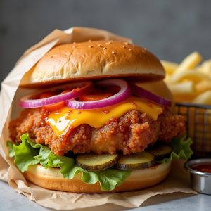 Hot Honey Fried Chicken and Belgian Waffle Stack inspired by Cobblestones of Lowell