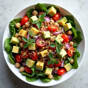 Mediterranean Chopped Salad with Quinoa and Oregano-Mustard Vinaigrette inspired by Cobblestones of Lowell