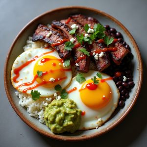 Steak and Eggs Rancheros with Two Chili Sauces inspired by Cobblestones of Lowell
