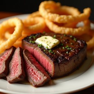 Broiled Sirloin Steak with Crispy Onion Rings inspired by Dini's Sea Grill