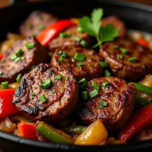 Marinated Sirloin Steak Tips with Peppers and Onions inspired by Hilltop Steakhouse