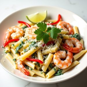 Pan Seared Shrimp Penne with Tequila-Lime Reduction inspired by Jimmy's Harborside