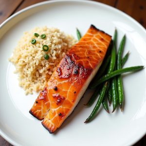 Drunken Salmon with Garlic Fried Rice and Blistered Long Beans inspired by Lock 50
