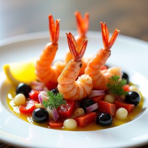 Fennel Dusted Prawns with Saracena Olive Salad inspired by Locke-Ober