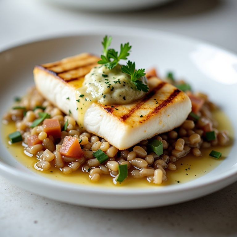 Grilled Halibut with Wild Rice and Smoked Tomatillo Butter inspired by Locke-Ober