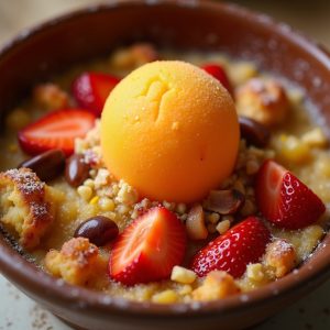 Om Ali: Warm Bread Pudding with Satsuma Sherbet and Fennel Pollen inspired by Oleana