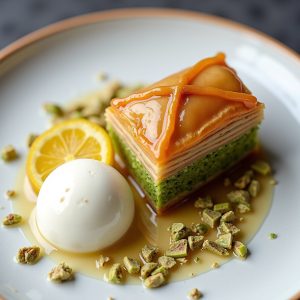 Pistachio Baklava with Honey Syrup and Ricotta Ice Cream inspired by Oleana