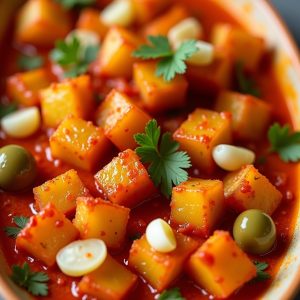 Potatoes Harra with Red Chile Sauce and Pickled Fennel inspired by Oleana