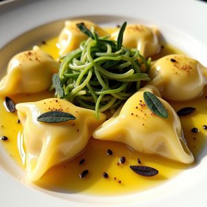 Squash and Manouri Dumplings with Brussels Sprouts and Brown Butter inspired by Oleana