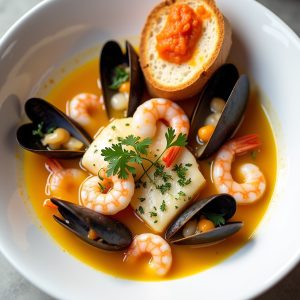 Bouillabaisse with Saffron Broth and Garlic Rouille inspired by Aujourd'hui