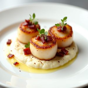 Seared Scallops with Cauliflower Purée and Crispy Pancetta inspired by Aujourd'hui