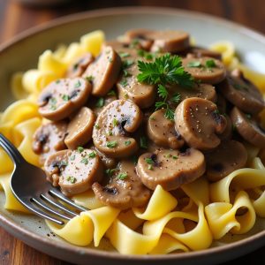 Classic Russian Beef Stroganoff with Buttered Egg Noodles inspired by Café Budapest