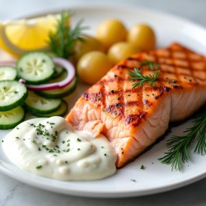 Grilled Salmon with Dill Sauce and Cucumber Salad inspired by Café Budapest