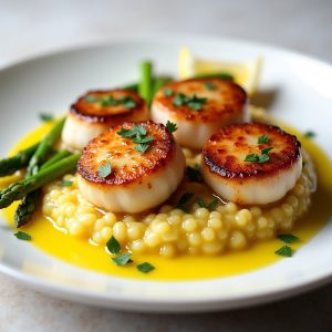 Seared Scallops with Lemon Butter Sauce and Saffron Risotto inspired by Café Budapest